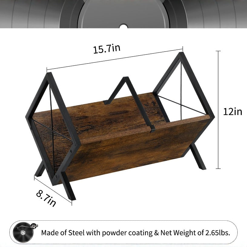 Vinyl Record Storage Holder | Industrial Wood & Iron Frame Stand | Holds 50+ Albums | Rustic Brown.