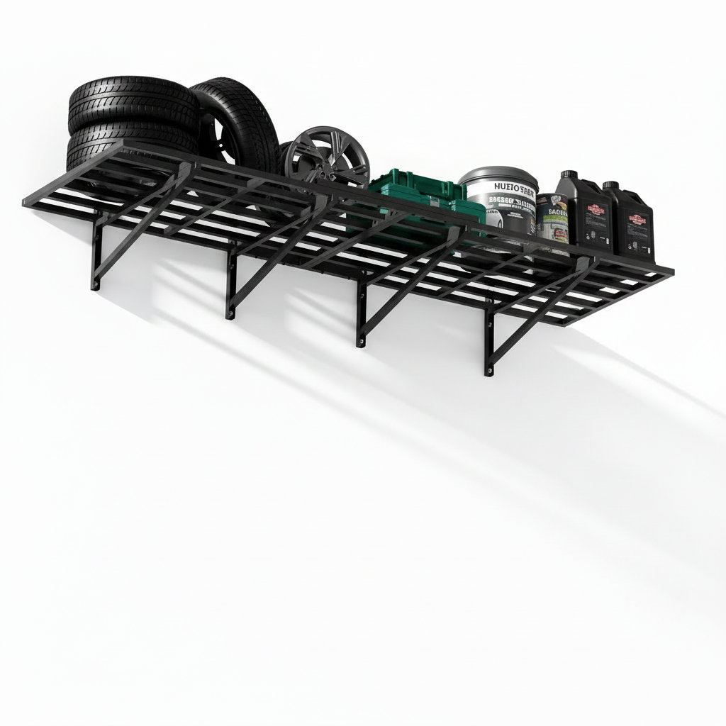 Black car roof rack with tires and supplies on a white background