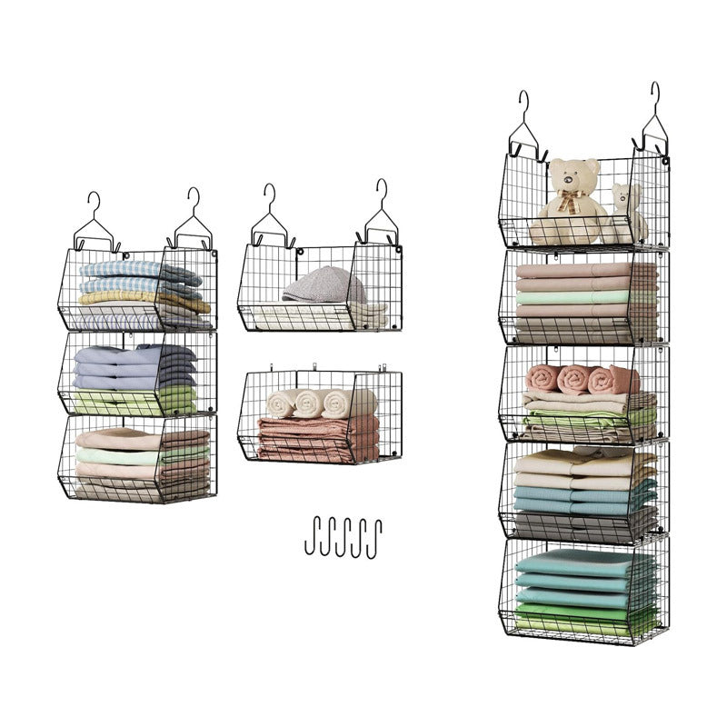 Black Hanging Wire Basket Organizer – Stackable Over-Rod Storage for Wardrobe & Laundry