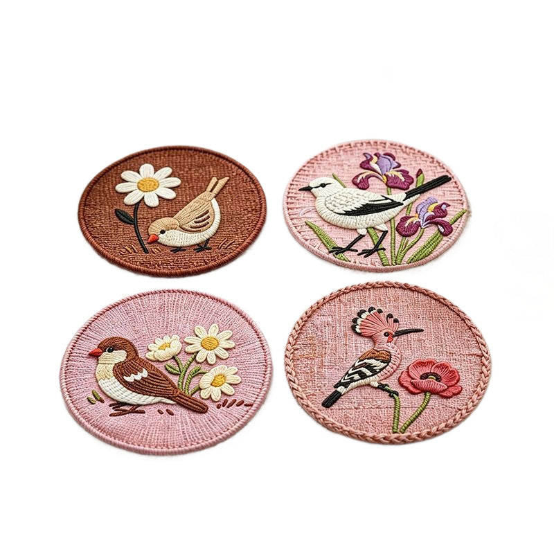 Woven-Look Bird & Floral Coasters | Round Heat-Resistant Placemats | Classic Asian Design | Set of 4