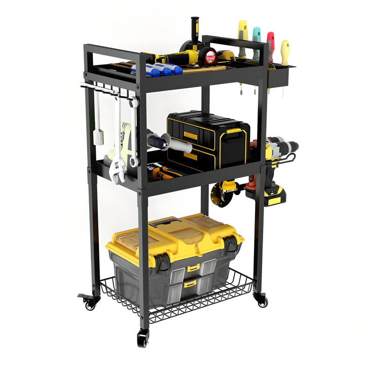 3-Tier Rolling Utility Cart with Hooks – Mobile Storage Organizer for Tools and Supplies