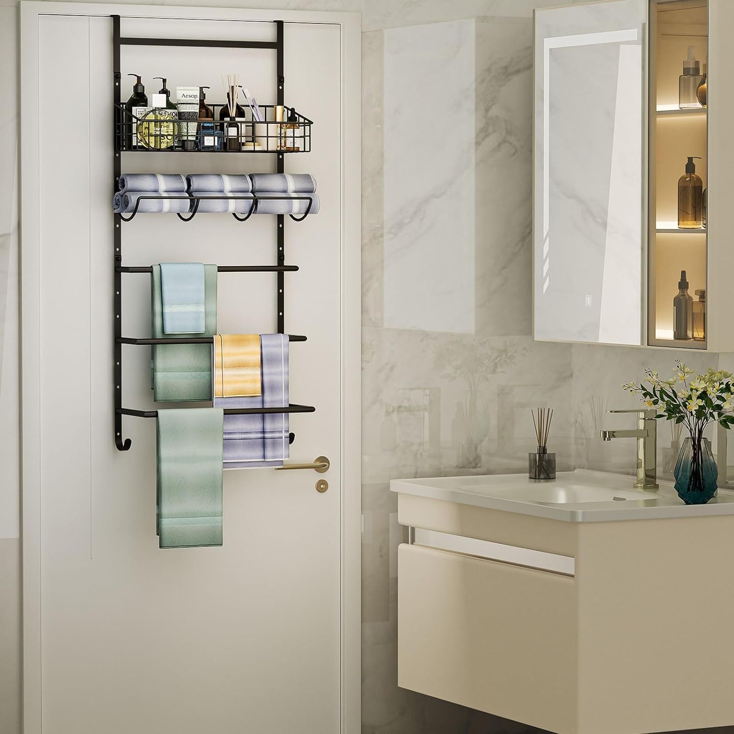 Over Door & Shower Screen Towel Rack – Space-Saving 4-Bar Organizer with Storage Basket