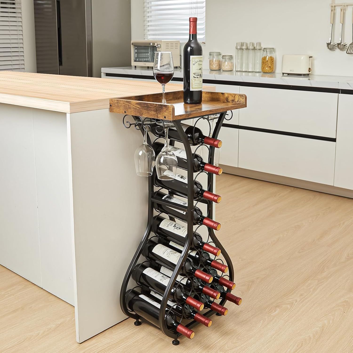 14 Bottle Freestanding Wine Rack with Glass Holder & Rustic Wood Top – Industrial Black Metal