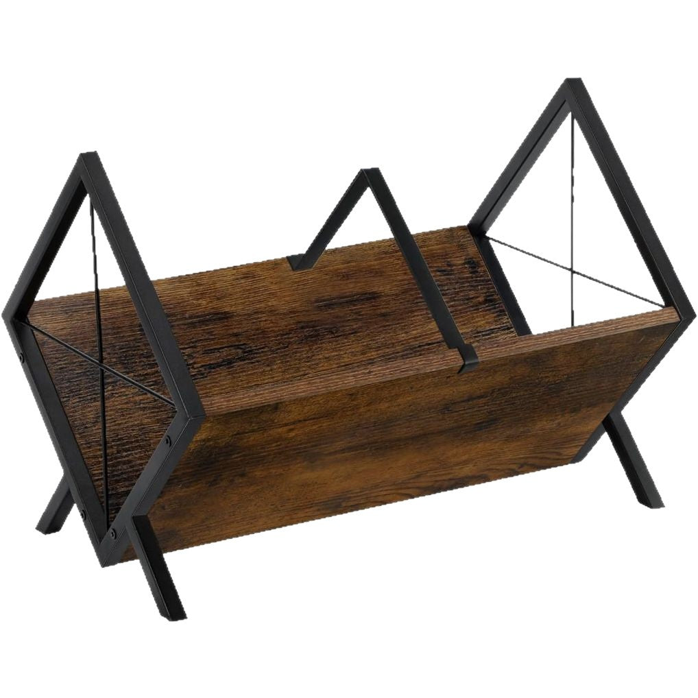 Vinyl Record Storage Holder | Industrial Wood & Iron Frame Stand | Holds 50+ Albums | Rustic Brown.