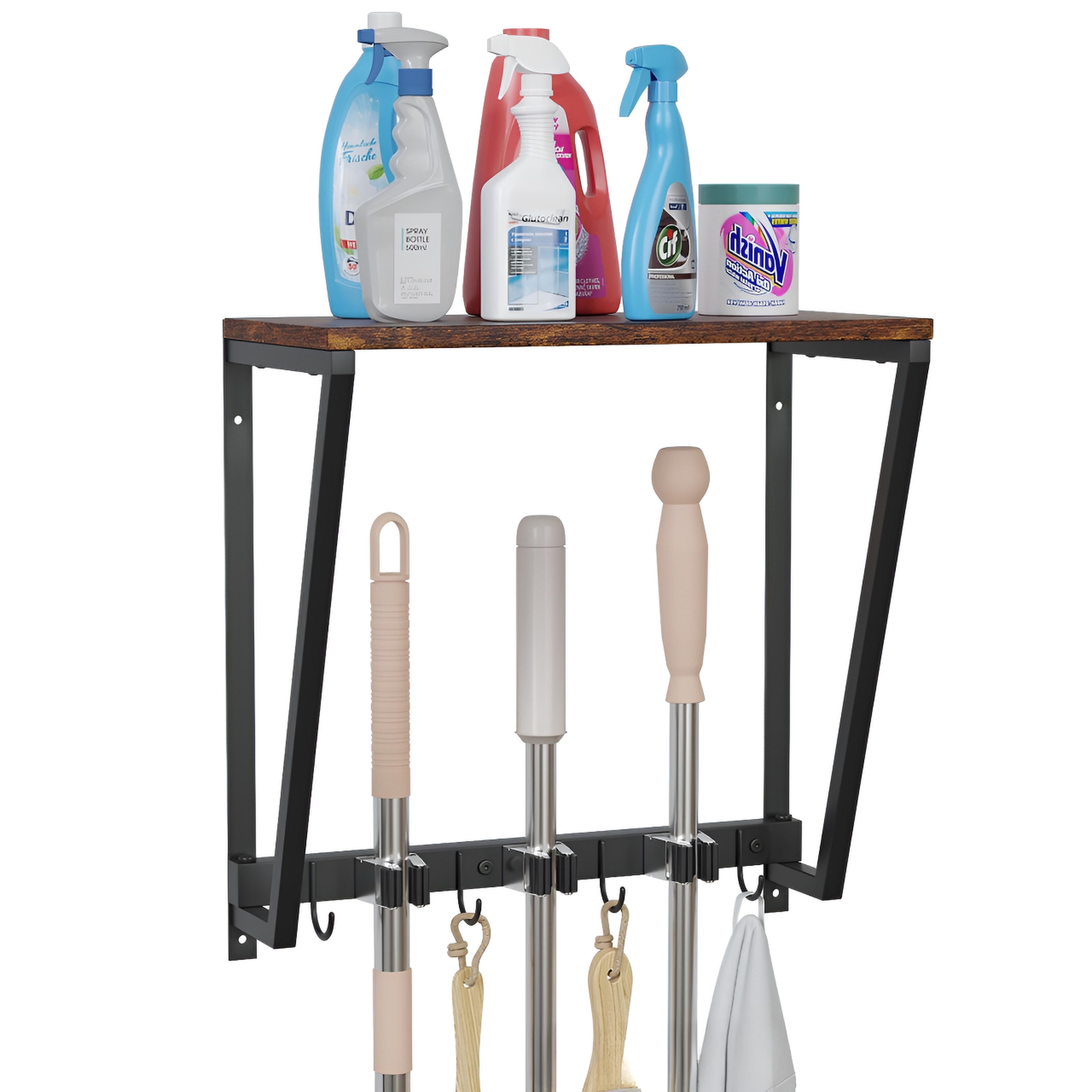 Wall Mounted Mop & Broom Holder with Storage Shelf – Heavy-Duty Metal Organizer