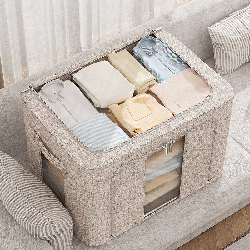 Linen 100L Foldable Storage Box with Metal Frame for Clothes & Bedding.