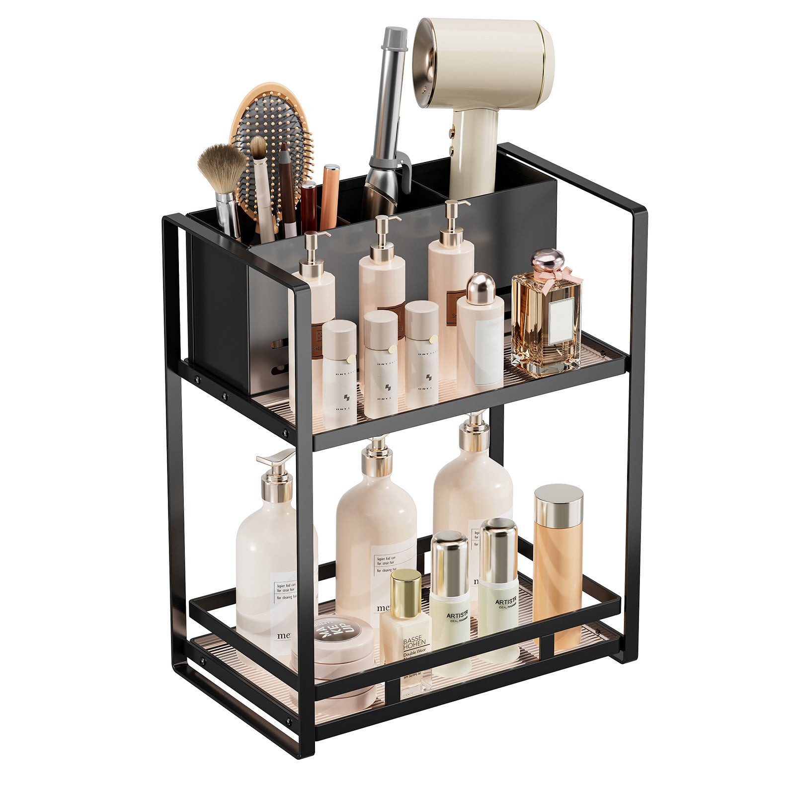 Two-tier vanity organiser shown holding skincare bottles, brushes and hair styling tools
