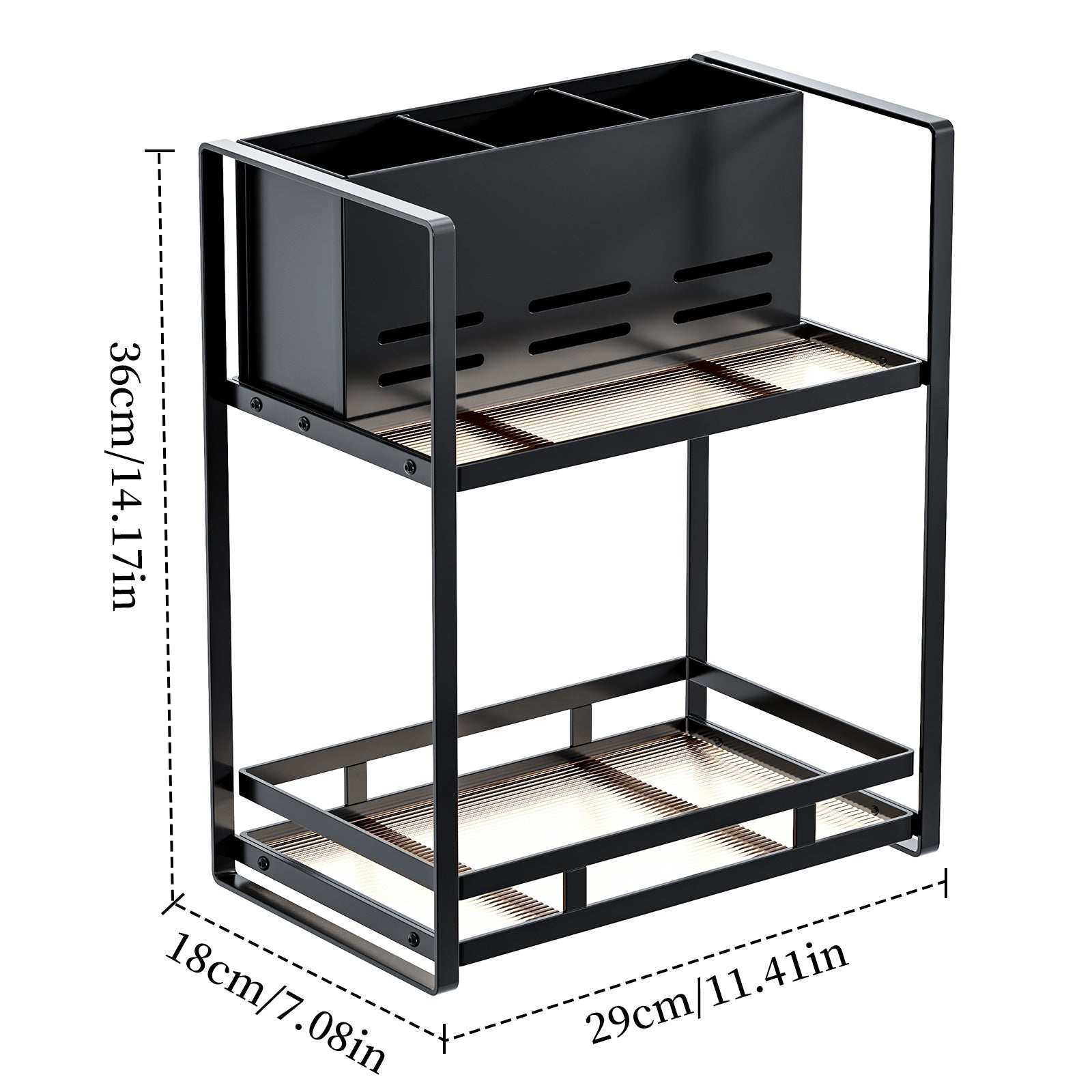 Bathroom countertop organiser dimensions: 29 cm wide, 18 cm deep and 36 cm high