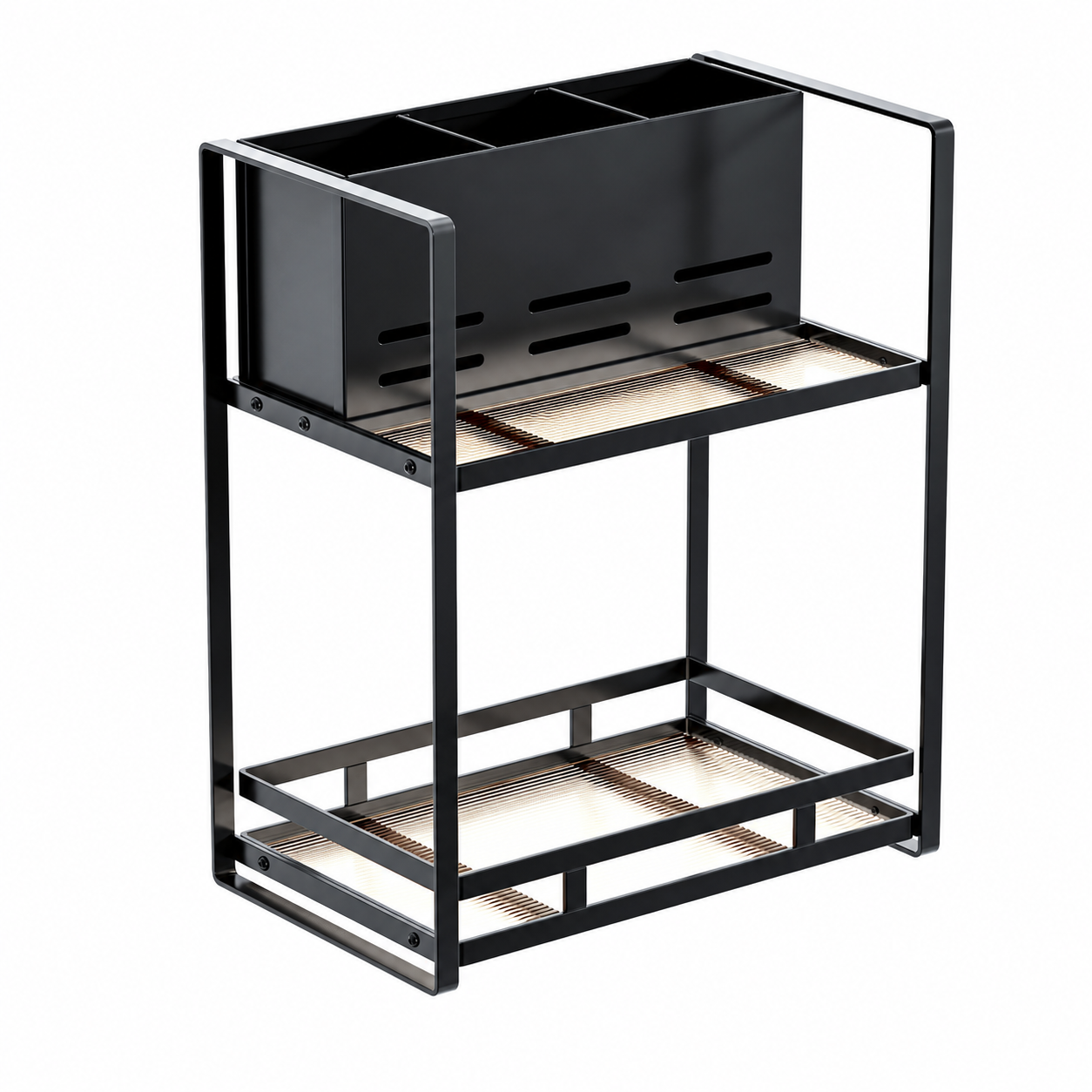 Black two-tier bathroom countertop organiser with three upper compartments and ribbed shelves
