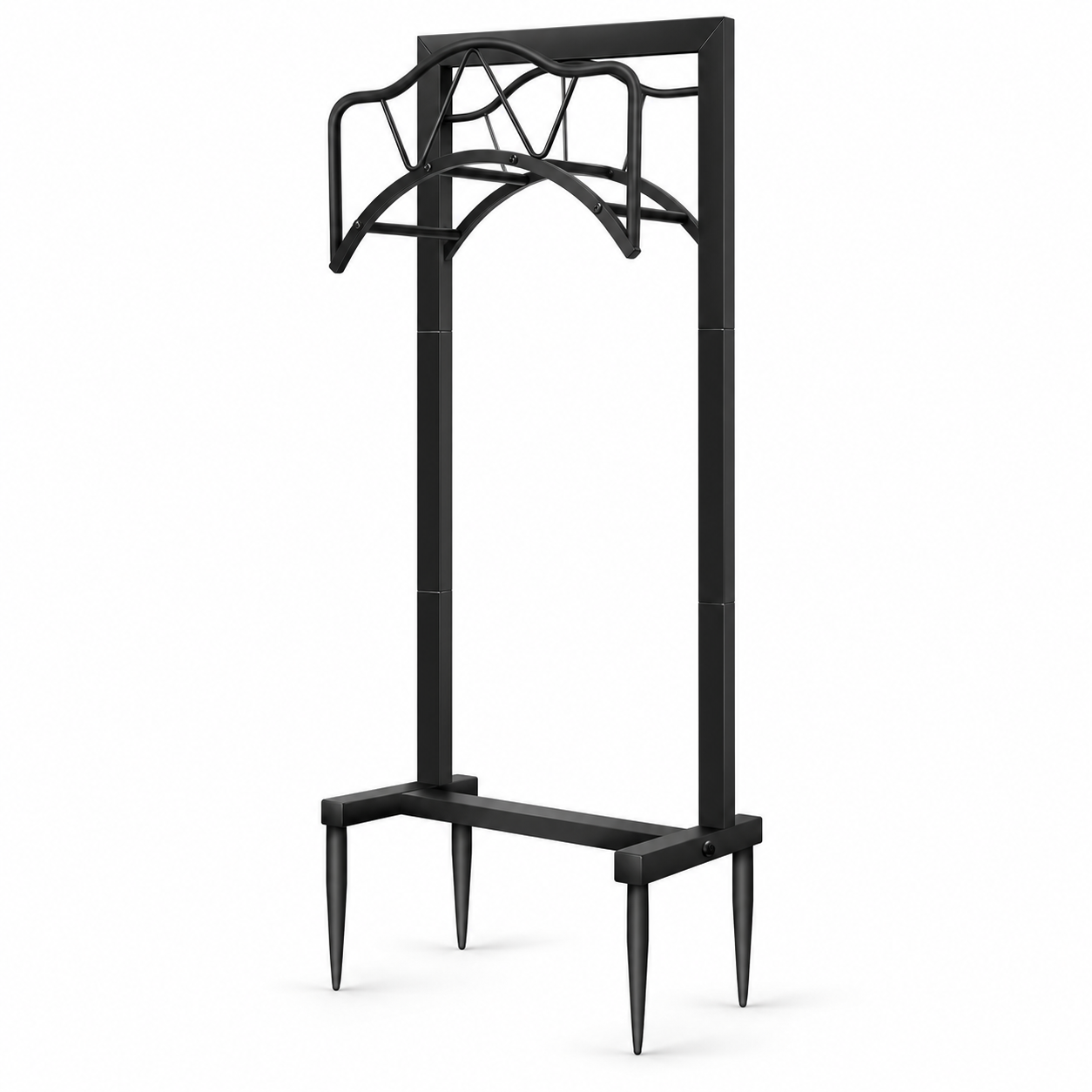 Freestanding black steel garden hose holder stand with curved cradle and four ground stakes on a white background