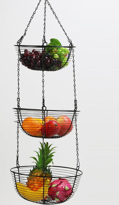 3-Tier Hanging Basket Fruit Organizer - Kitchen Wire, Black.