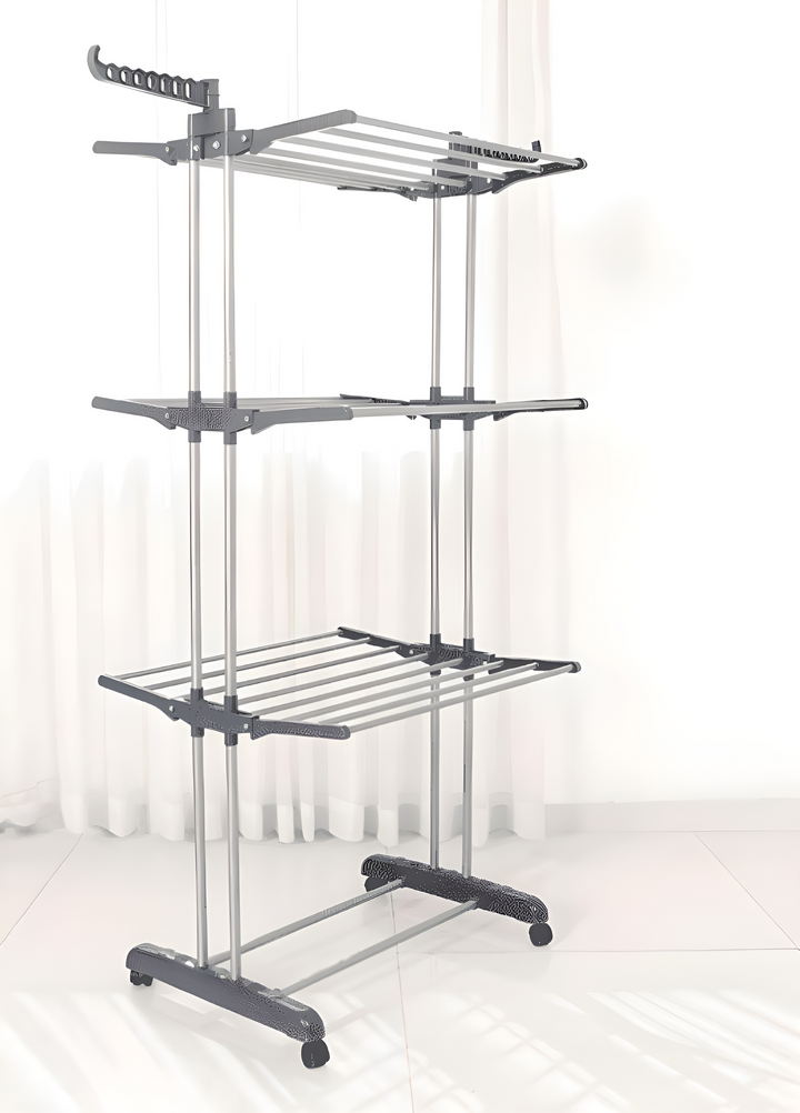 3 Tier Iron Plastic Foldable Clothes Laundry Drying Rack with Wheels for Indoor/Outdoor