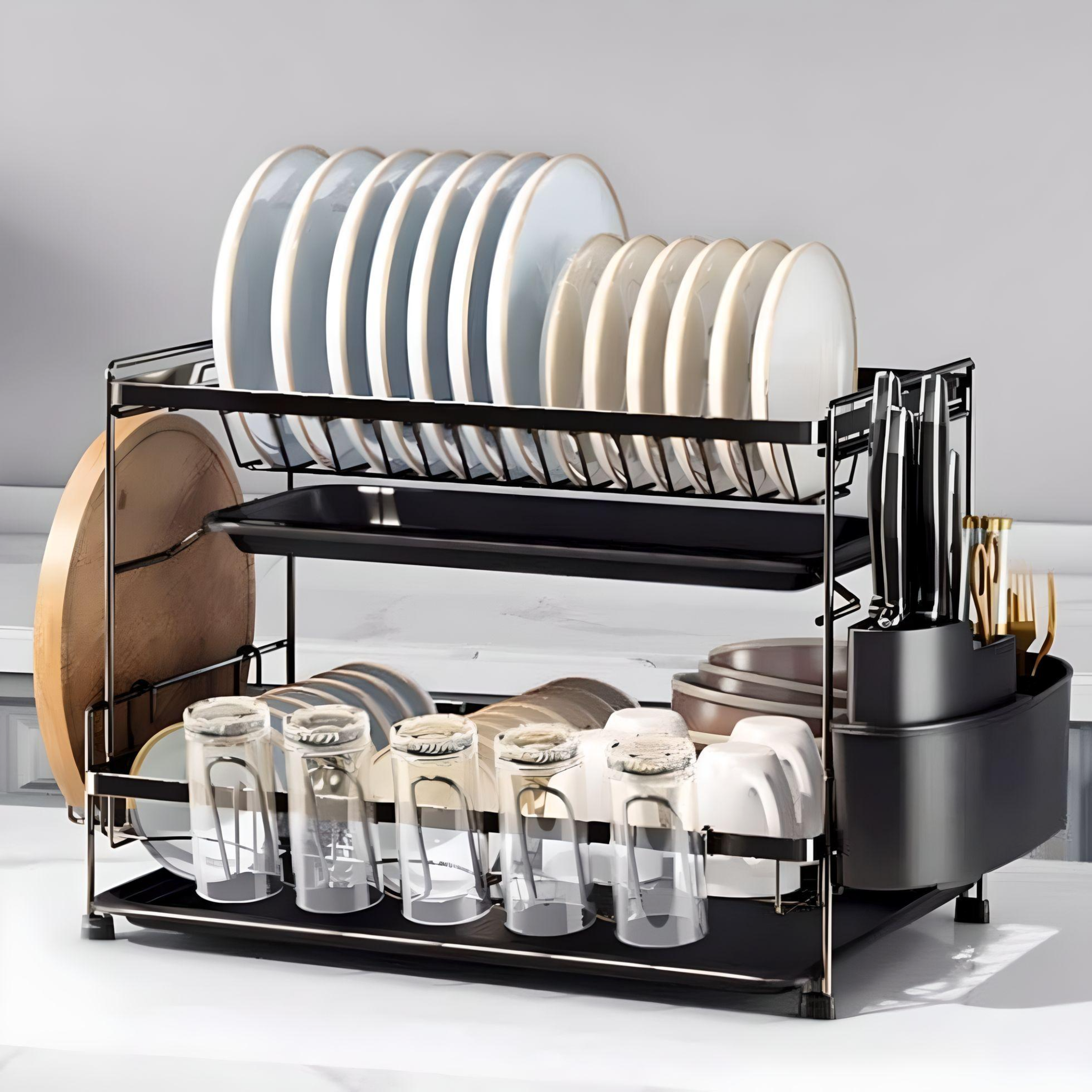 Black Iron Dish Drainer Rack - Space-Saving Kitchen Organizer.