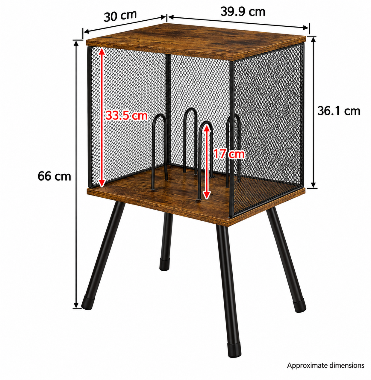 Record player stand dimensions in centimetres: approximately 39.9 cm wide, 30 cm deep and 66 cm high