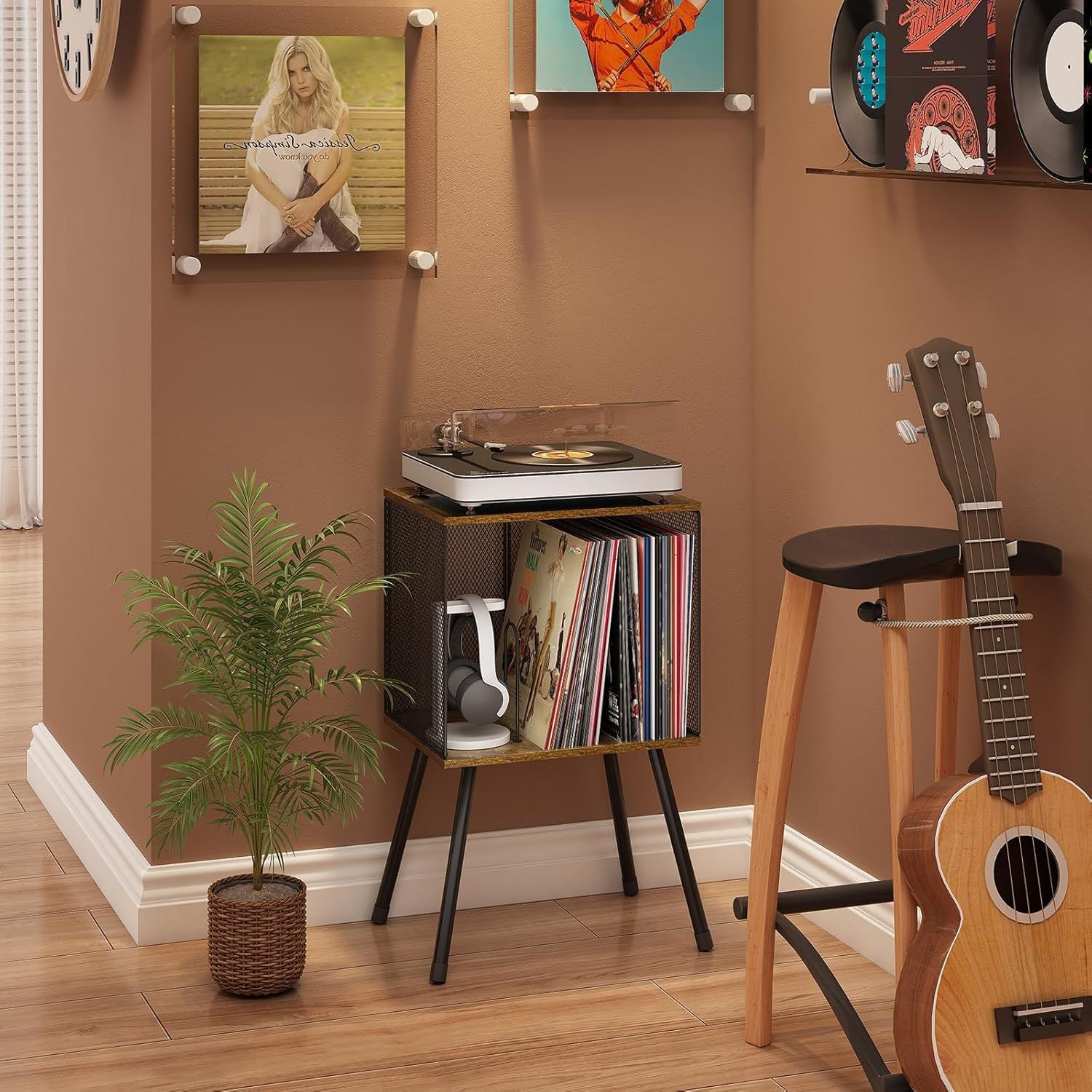 Record player stand styled with a turntable and upright vinyl records in a living room
