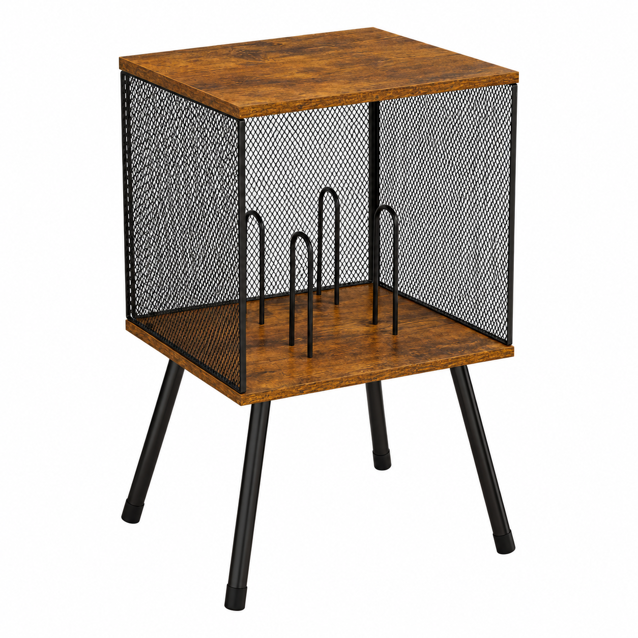 Brown wood-look record player stand with black mesh panels and upright vinyl dividers