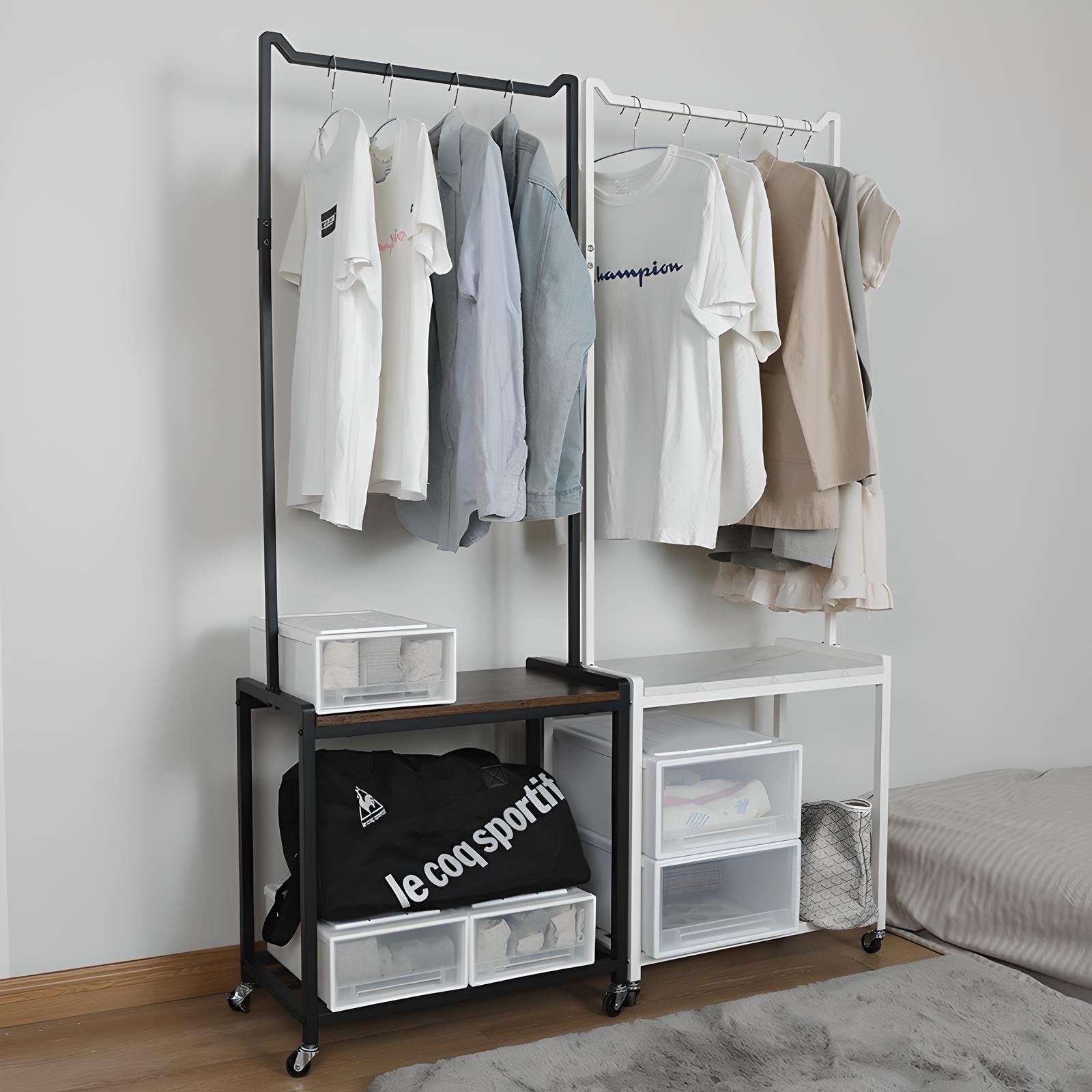 Portable Clothing Rack with Storage Shelves and Wheels