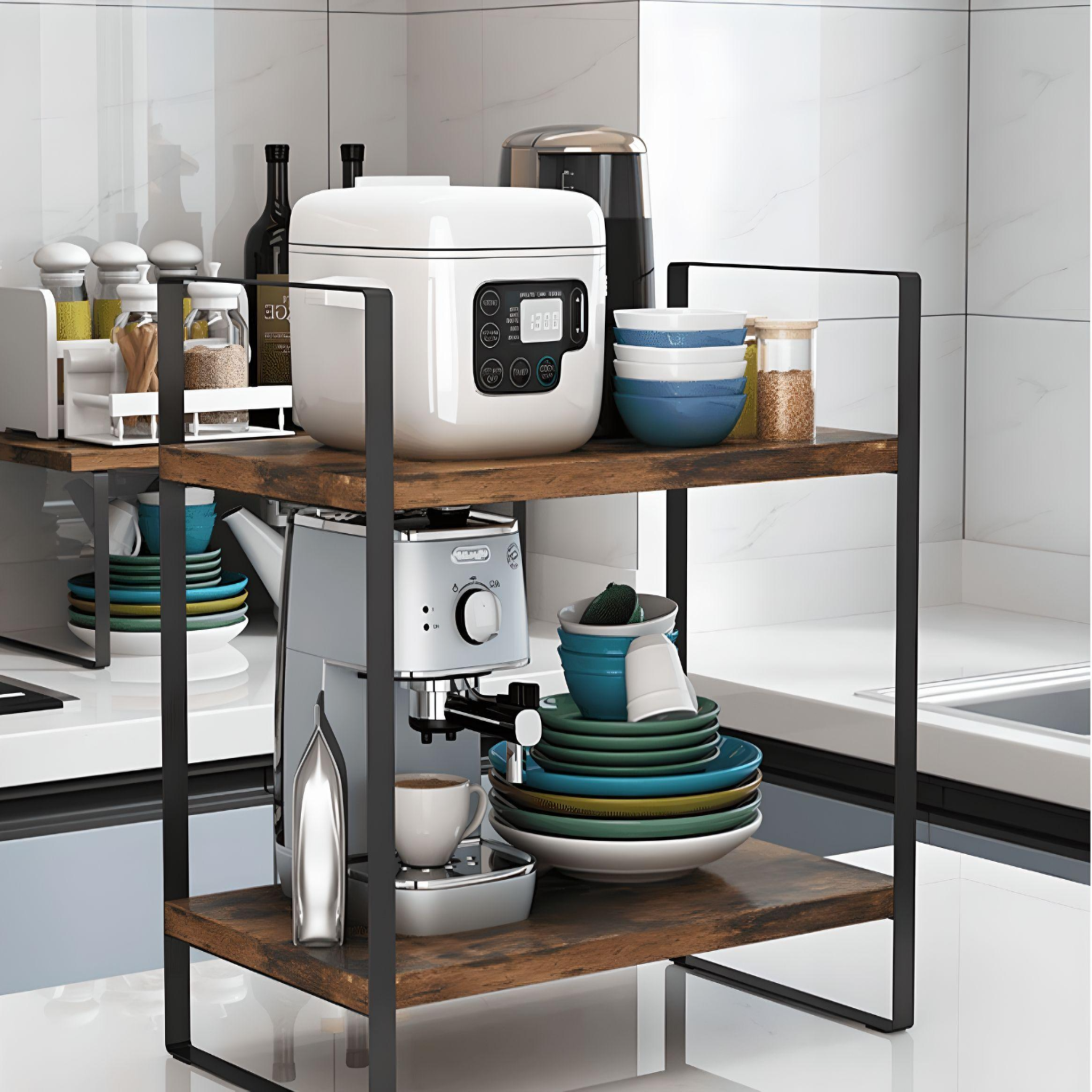 Black Steel & Wooden Bathroom and Kitchen Countertop Storage Rack.