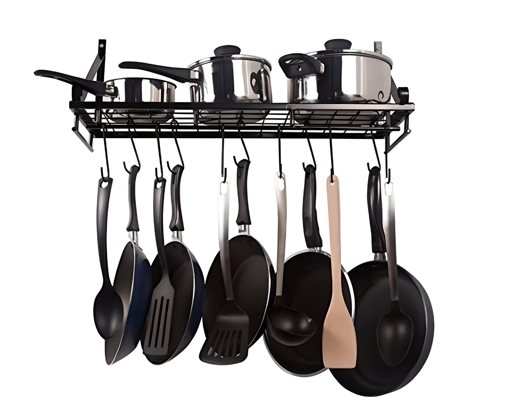 Wall-Mounted Iron Pot and Pan Rack with Hooks.