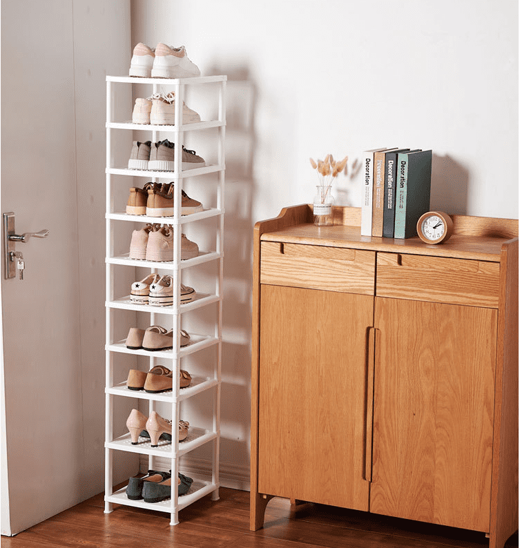 White Plastic 10 Tier Slim Portable Detachable Shoe Rack Storage Organizer.