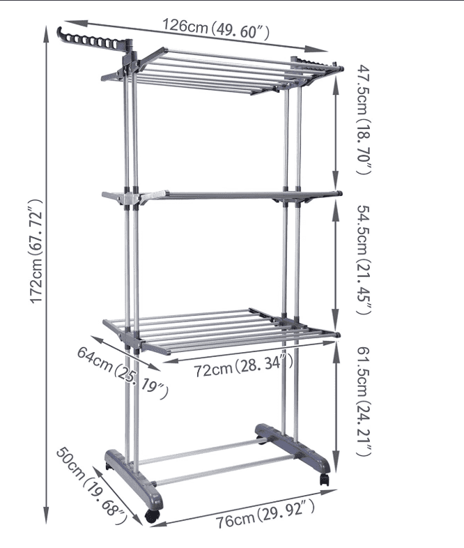 3 Tier Iron Plastic Foldable Clothes Laundry Drying Rack Wheels/Indoor/Outdoor.