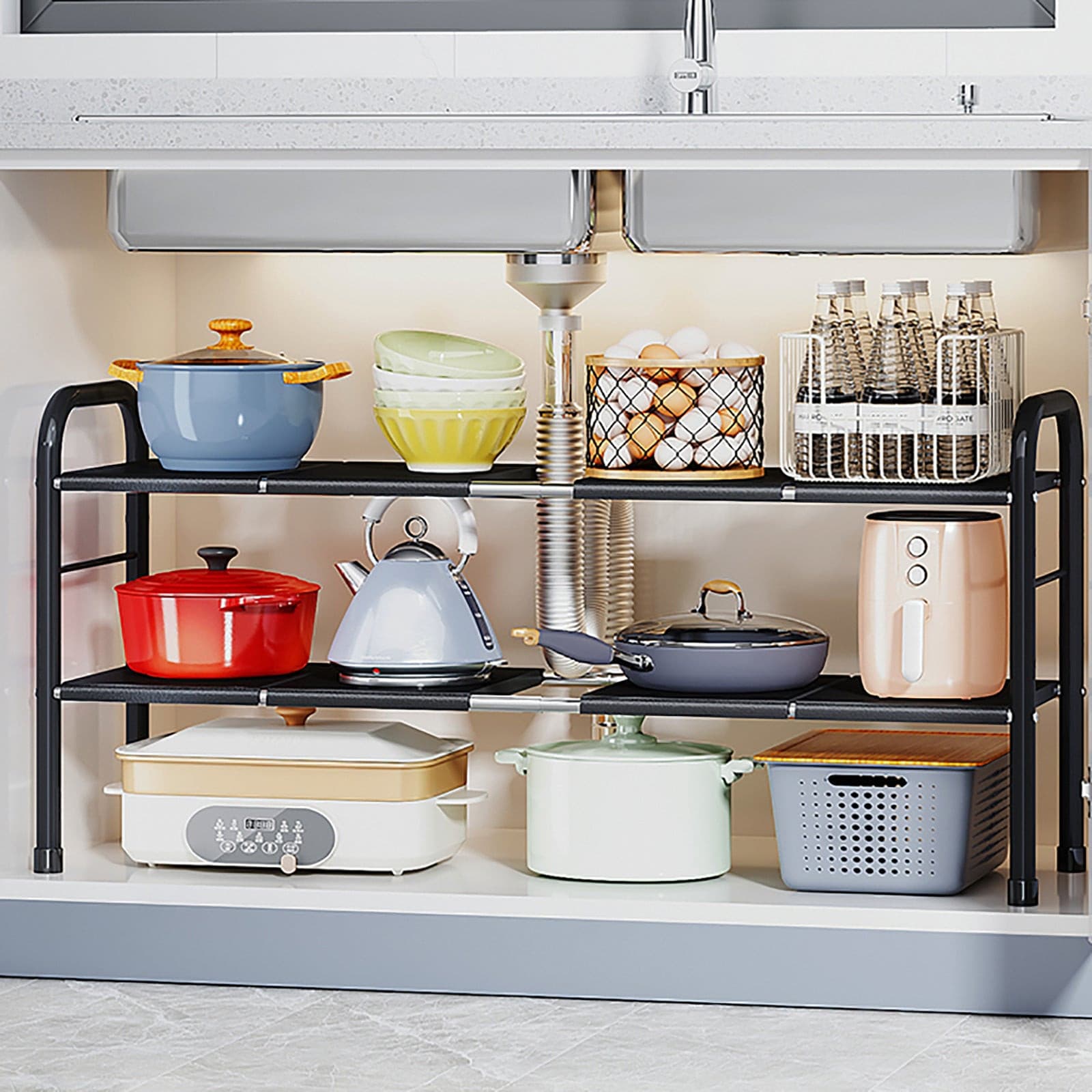 Black Steel Adjustable Under-Sink Storage Rack for Kitchen & Bathroom.