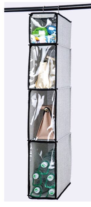 Grey Fabric Wardrobe 4 Tier Slimline Handbag Storage Organizer.