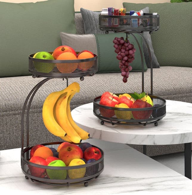 Black Steel Kitchen Benchtop 2 Tier Fruit Storage Basket Banana Hook.