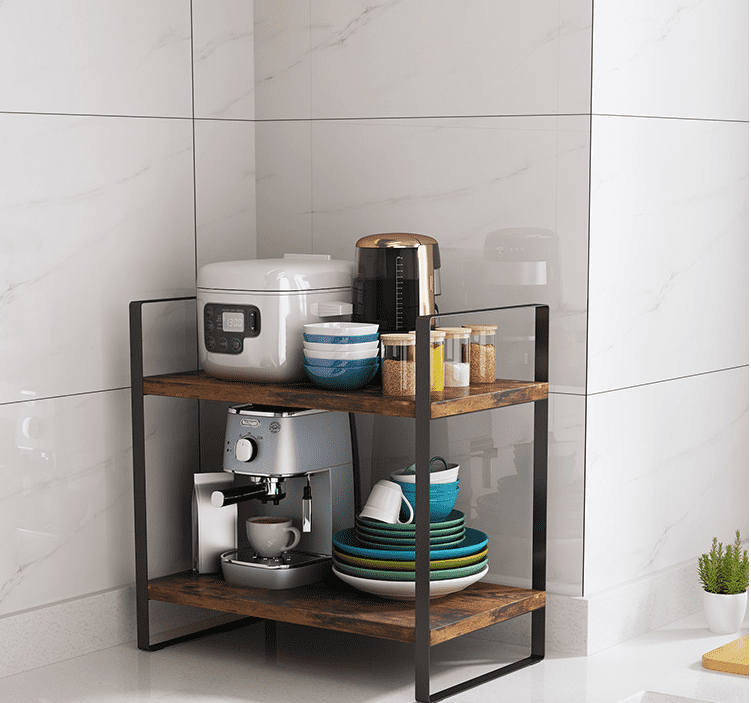 Black Steel Wooden Bathroom Kitchen Countertop Storage Rack.