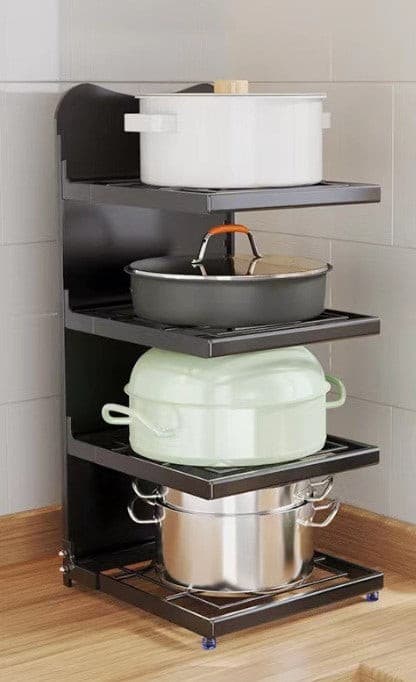 Black Steel Kitchen 4 Tier Adjustable Pot Lid Storage Rack.