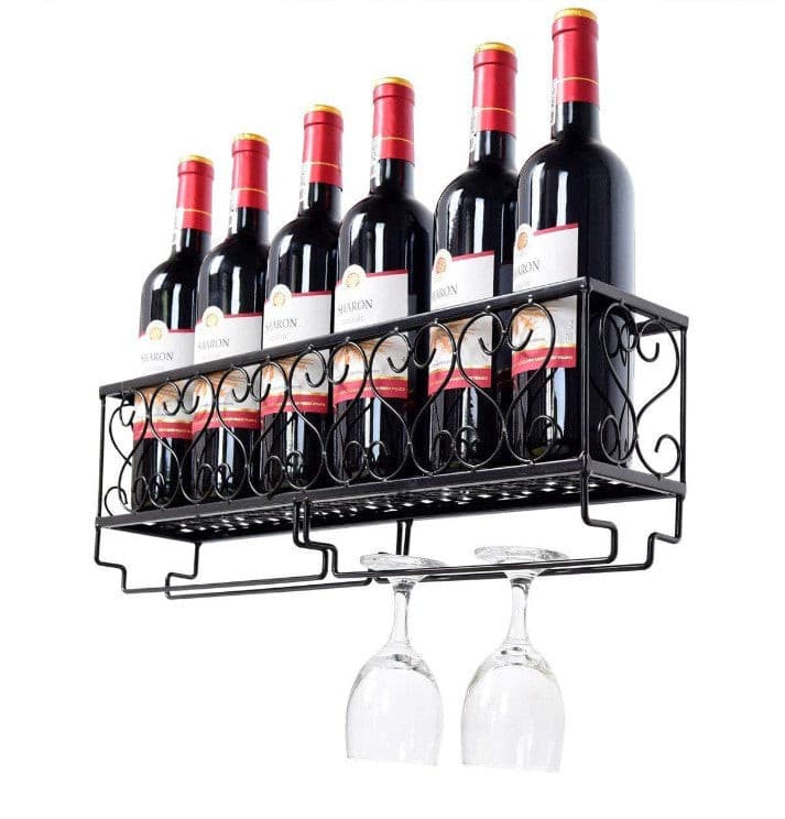 Black Iron Wall Mounted Wine Rack Bottle Glass Holder.