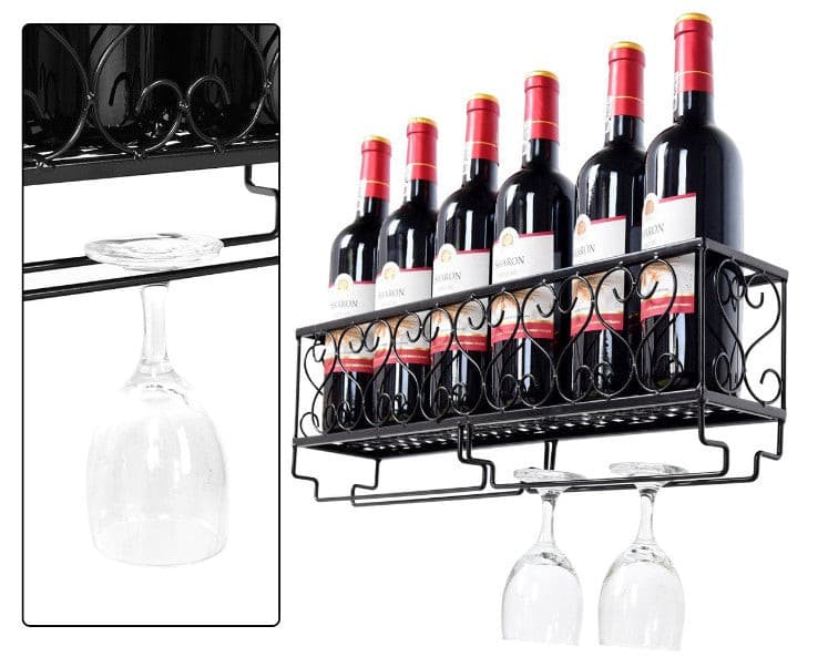 Black Iron Wall Mounted Wine Rack Bottle Glass Holder.