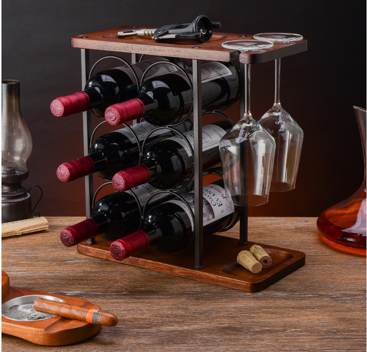 Wooden Metal 6 Bottles Wine Tabletop Storage Rack Glasses Holder.