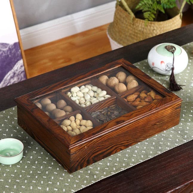 Wooden 6 Compartments Dried Fruit Tea Bags Candy Storage Box.