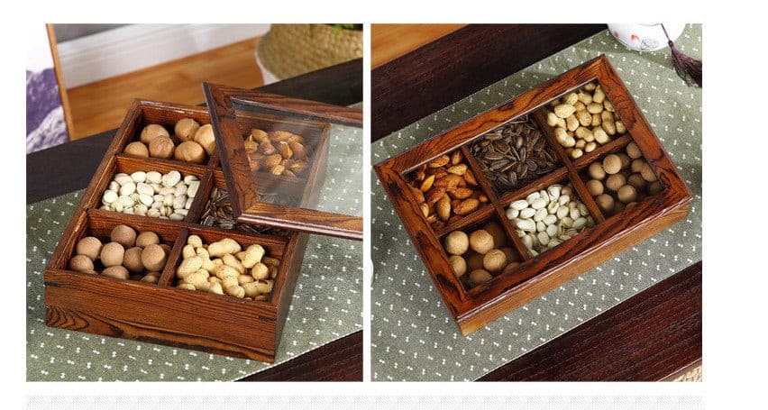 Wooden 6 Compartments Dried Fruit Tea Bags Candy Storage Box.